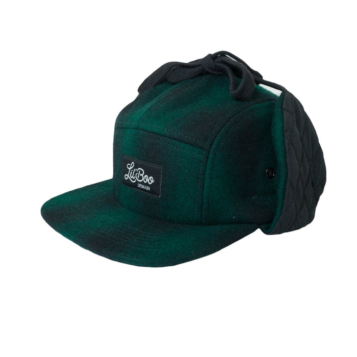 Cap, laine à 5 panneaux avec oreilles - vert / noir (taille L, 4-7 ans)