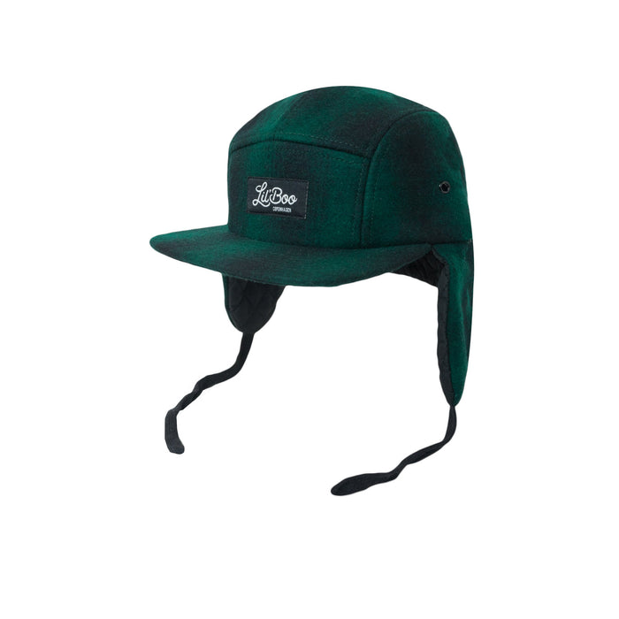 Cap, laine à 5 panneaux avec oreilles - vert / noir (taille L, 4-7 ans)