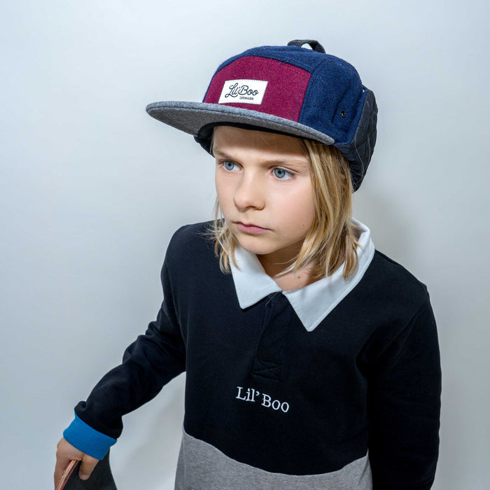 Casquette, bloc de laine 5 panneaux avec oreilles - bordeaux / gris / marine (taille m, 1,5-3 ans)