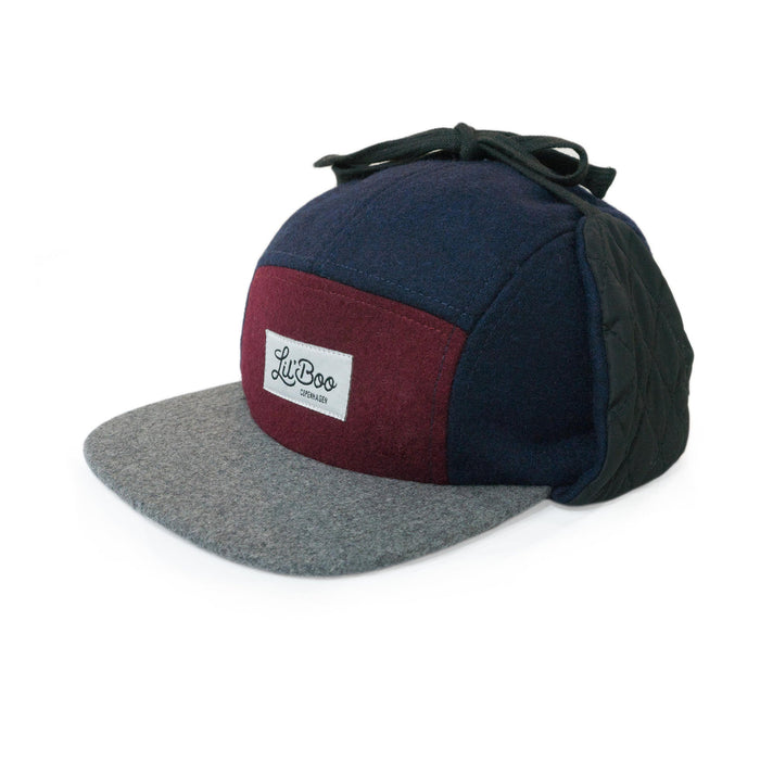 Casquette, bloc de laine 5 panneaux avec oreilles - bordeaux / gris / marine (taille L, 4-7 ans)