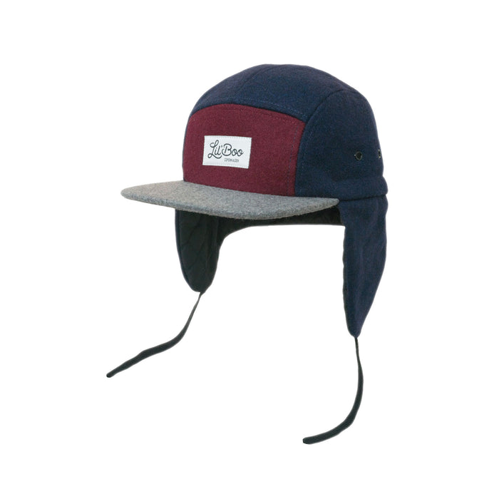 Casquette, bloc de laine 5 panneaux avec oreilles - bordeaux / gris / marine (taille XL, 7-14 ans)