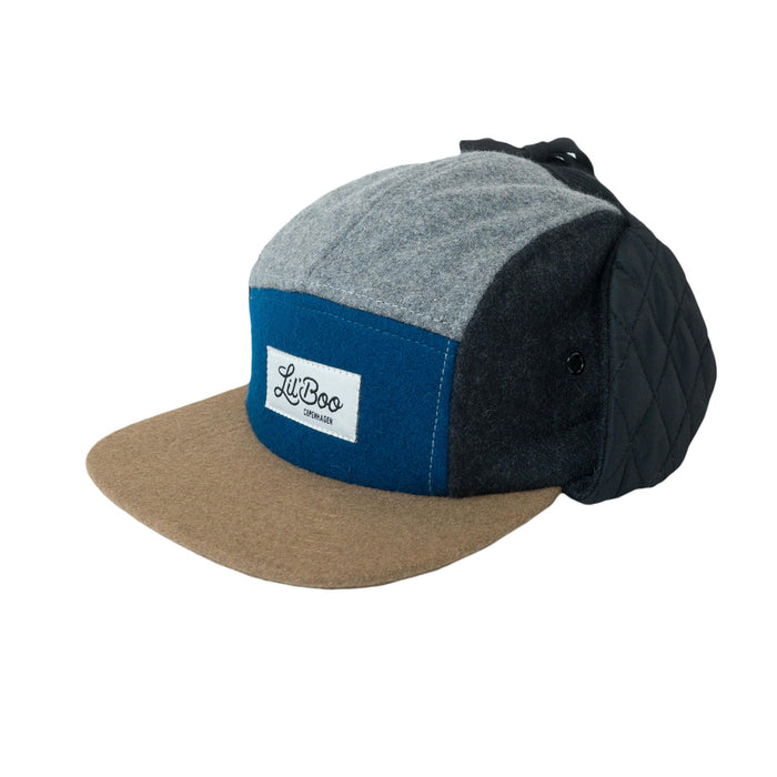 Casquette, bloc de laine 5 panneaux avec oreilles - gris / bleu (taille L, 4-7 ans)