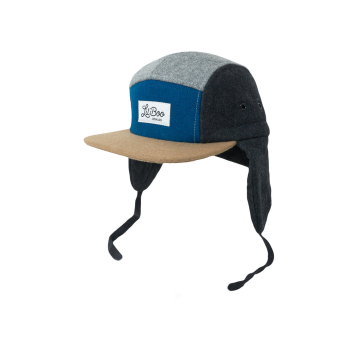 Casquette, bloc de laine 5 panneaux avec oreilles - gris / bleu (taille xl, 7-14 ans)