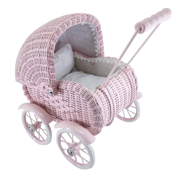 Carriage de petite poupée, en osier - rose poussiéreux