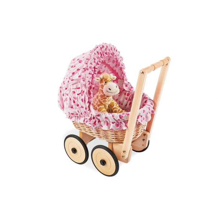 Carriage de poupée avec panier en osier et ensemble de literie, Mona - Beech Wicker, Rosa