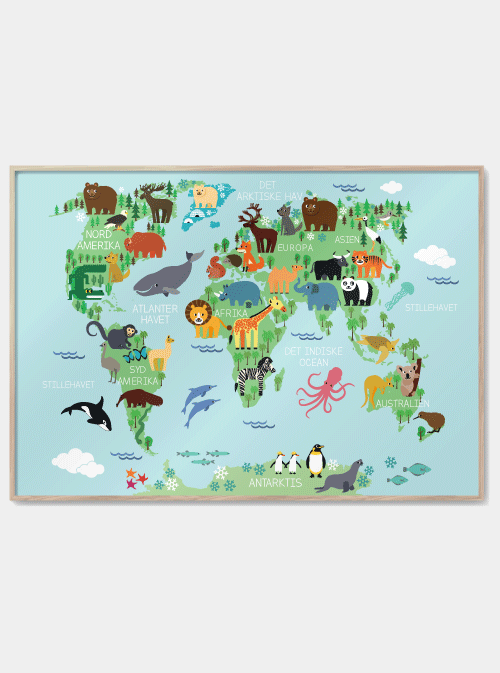 Poster de carte du monde avec des animaux, M (50x70, B2)